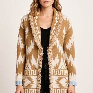 Cocogiò Italy Fringe Southwestern Knit Cardigan – Size L – Wool Blend